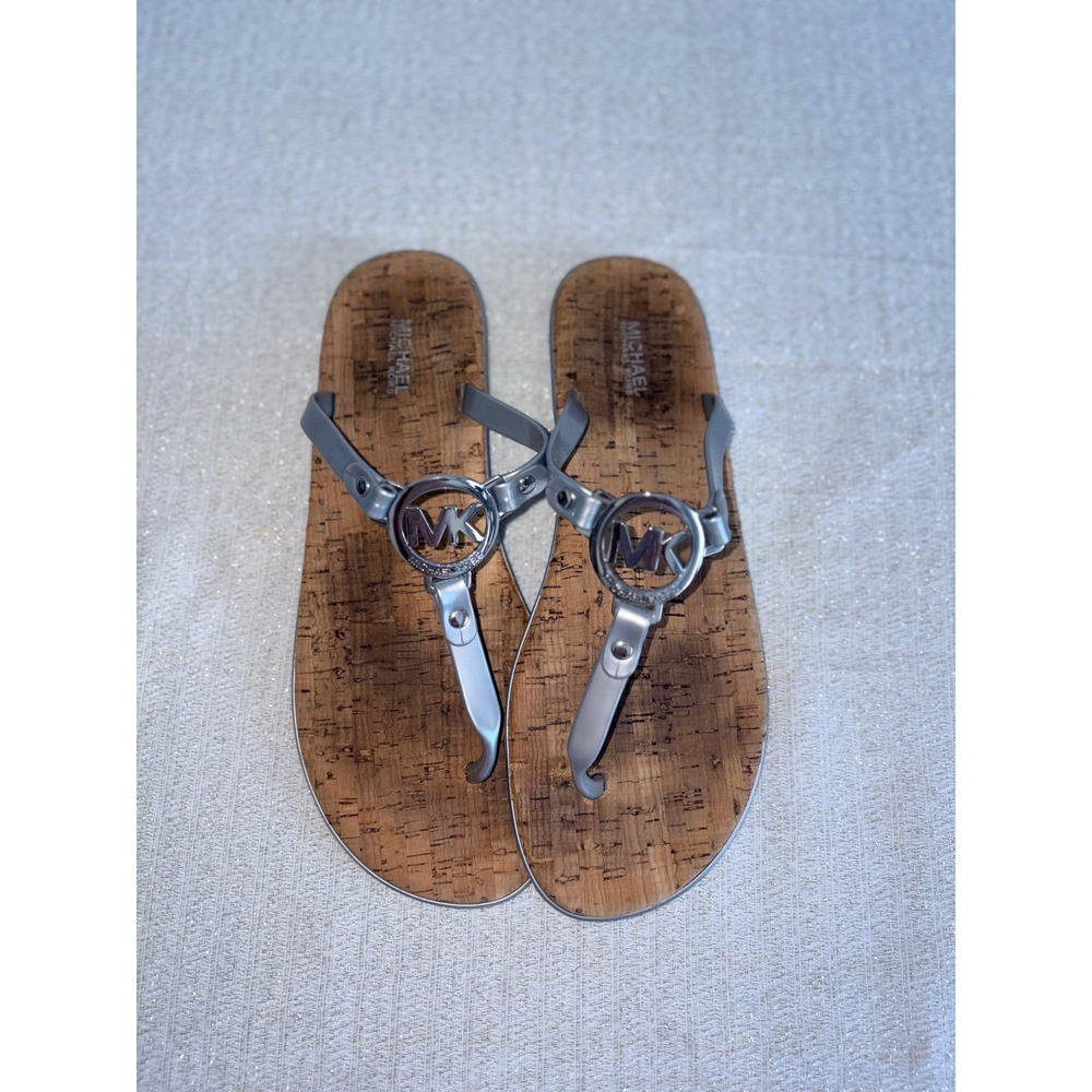 Michael Kors Thong Sandals Size 10 Silver Cork Good MK Logo Flat Flip Flops